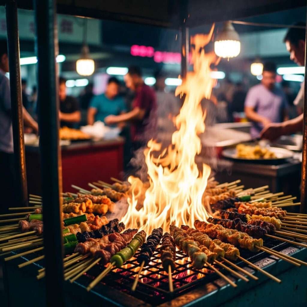 Gritty grill flames, night buzz.