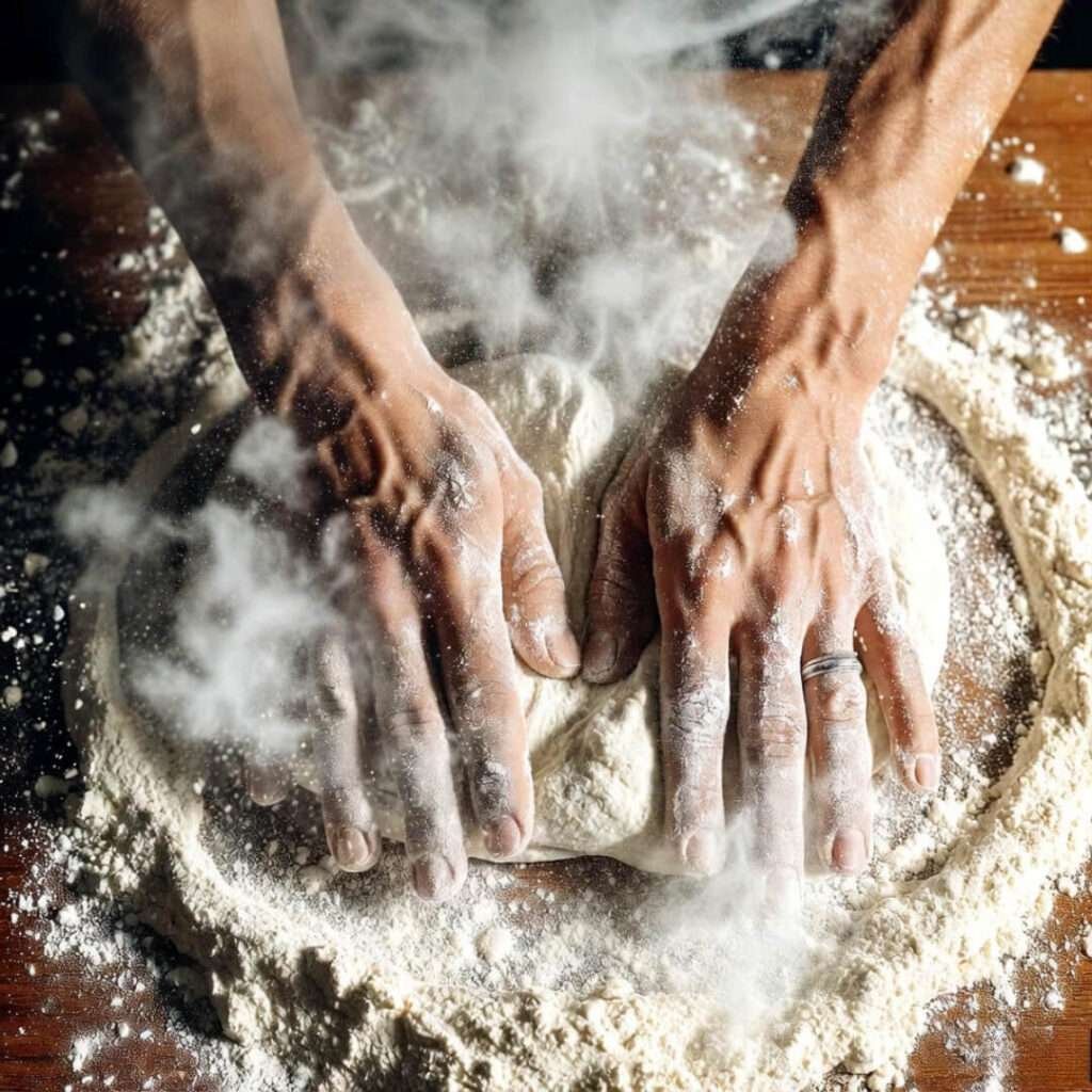 Veiny hands kneading dough.