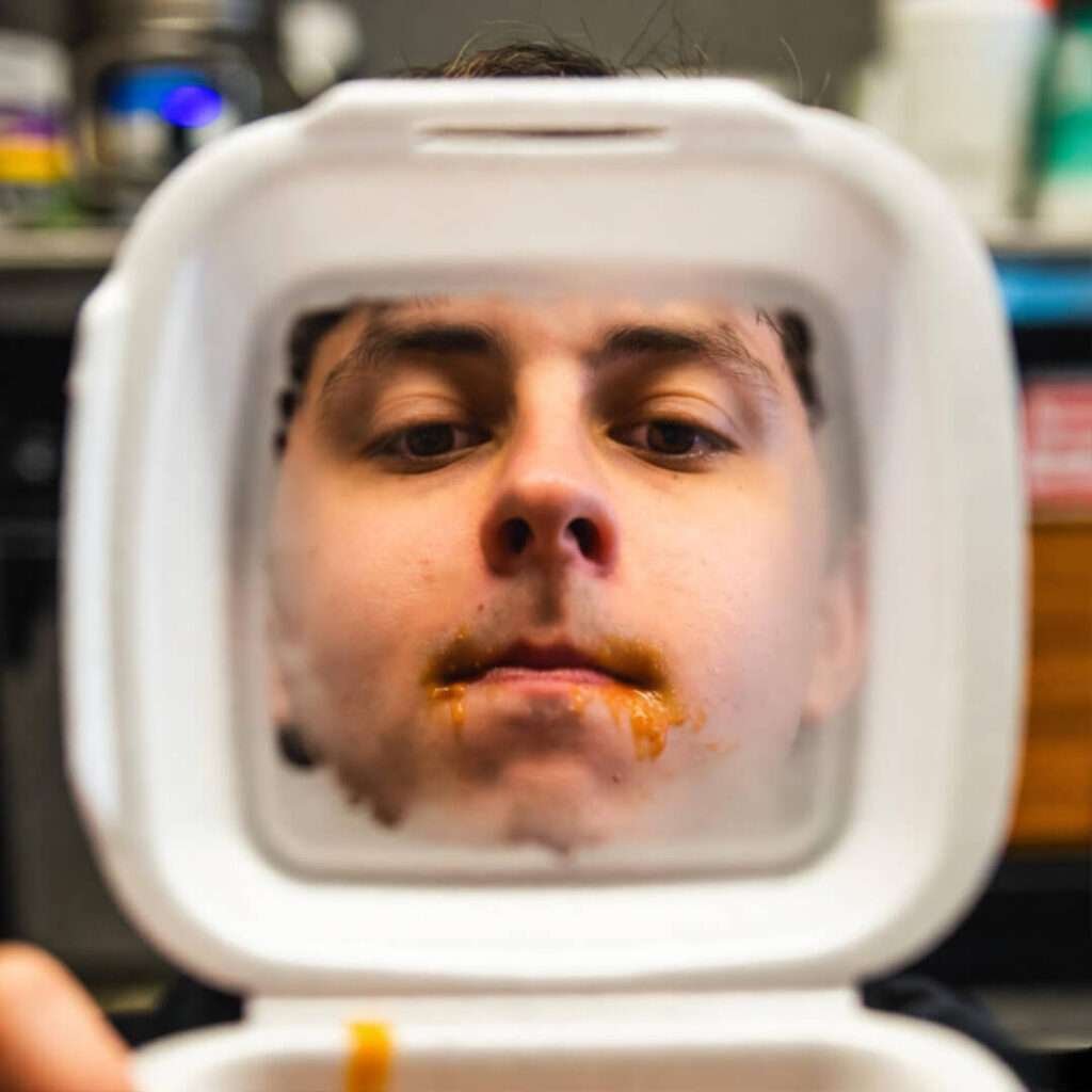 Saucy chin selfie, lid mirror.