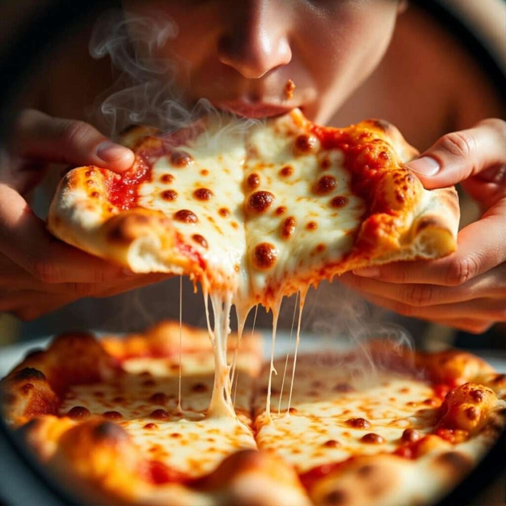 Cheesy pizza pull mid-bite.