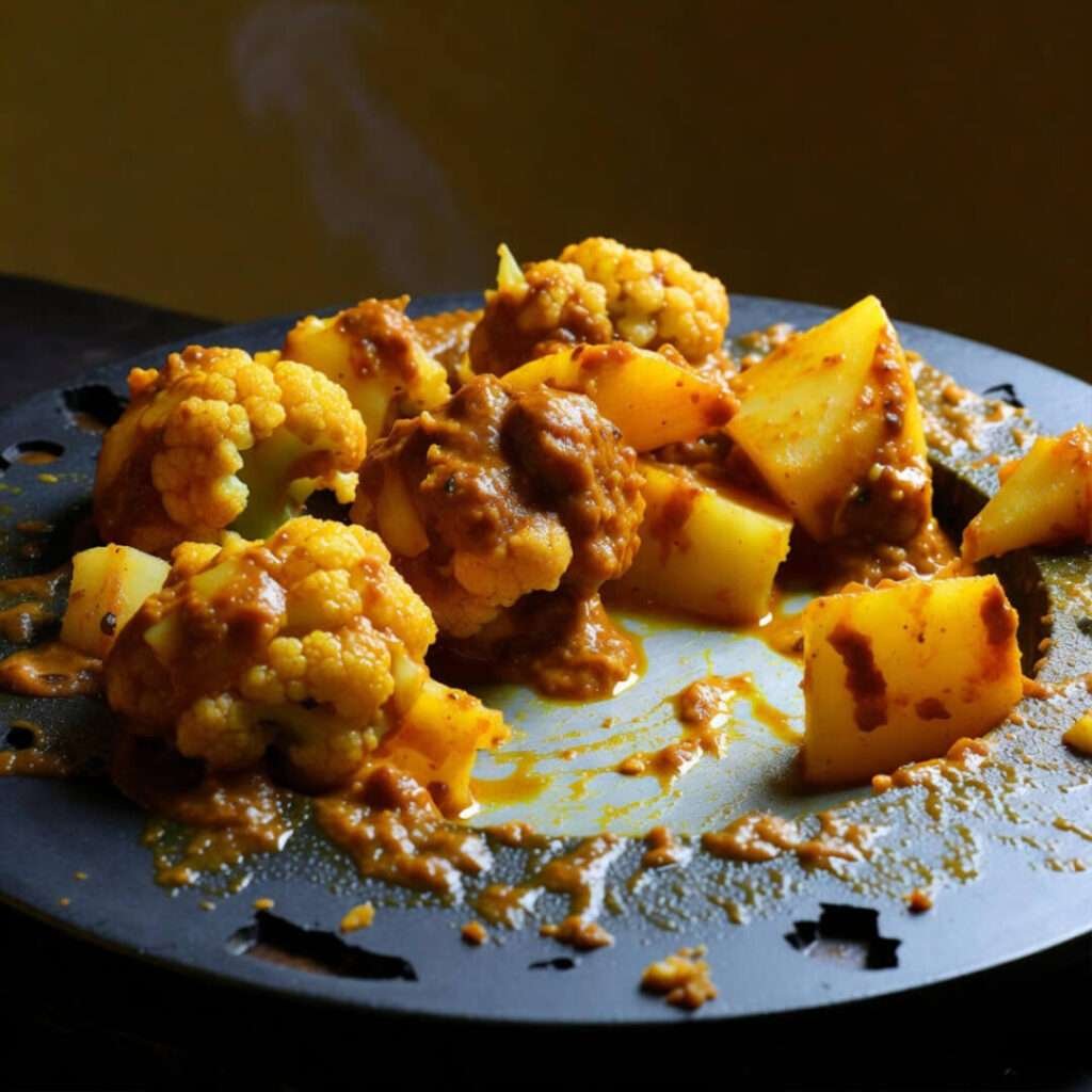 Messy aloo gobi plate, low-angle feast.