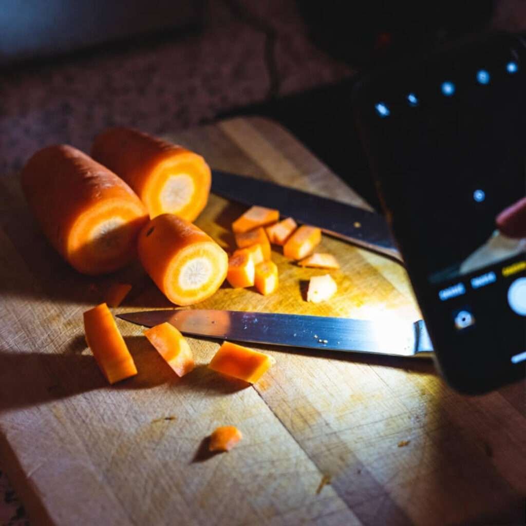 Dull knife, half-chopped carrots, flashlight.