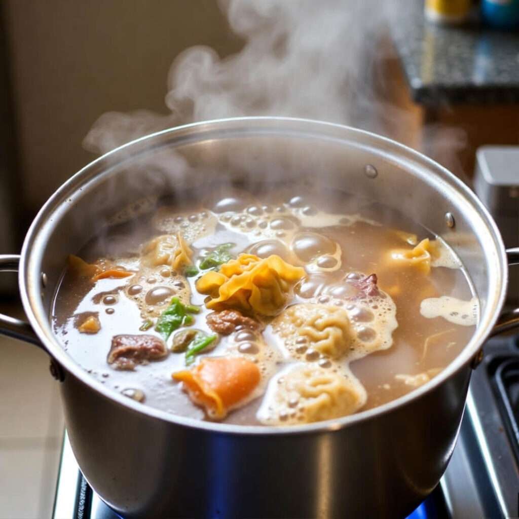 Dumpling soup bubbling over, snapped from my spill-recovery position.