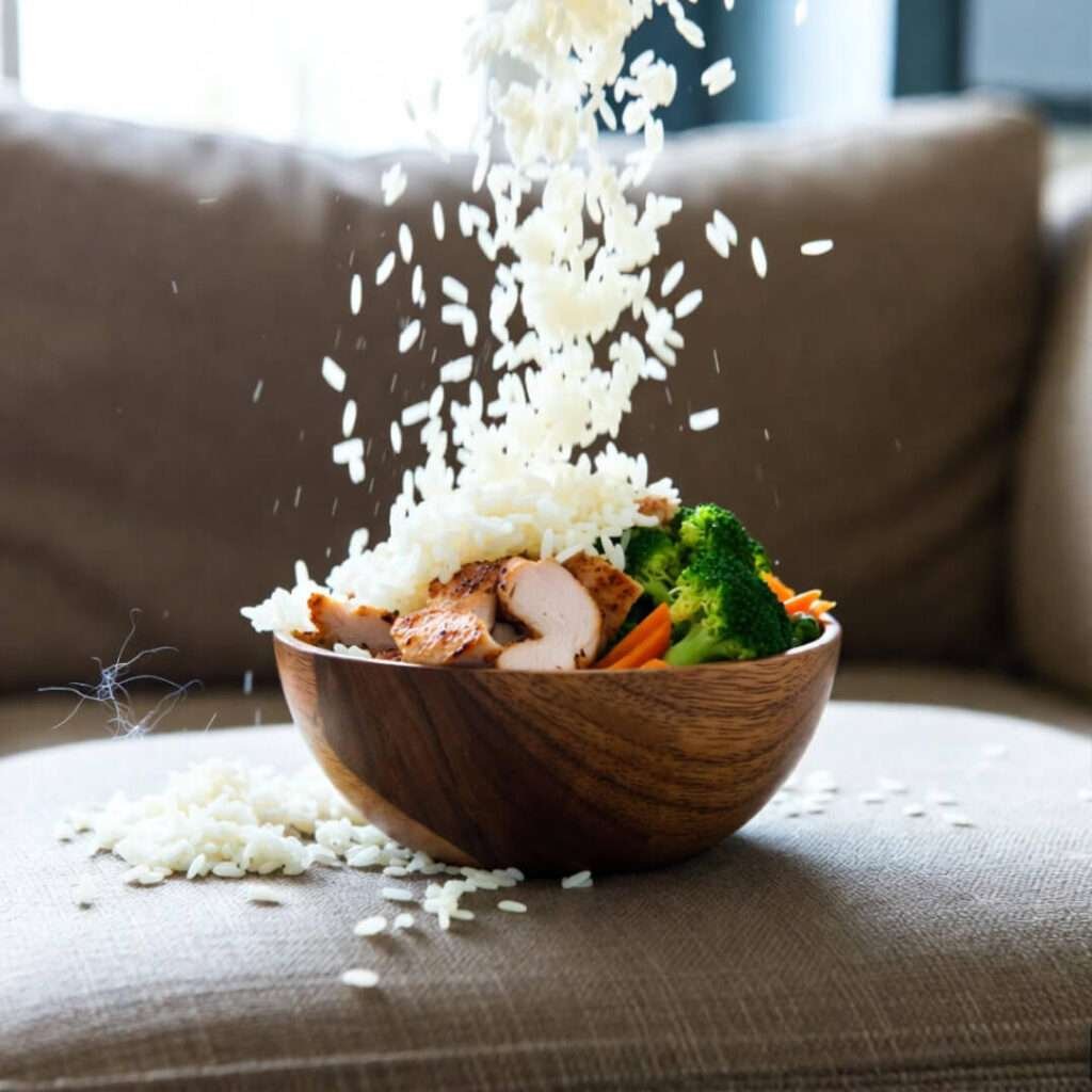 Teriyaki bowl, rice avalanche, cat hair.