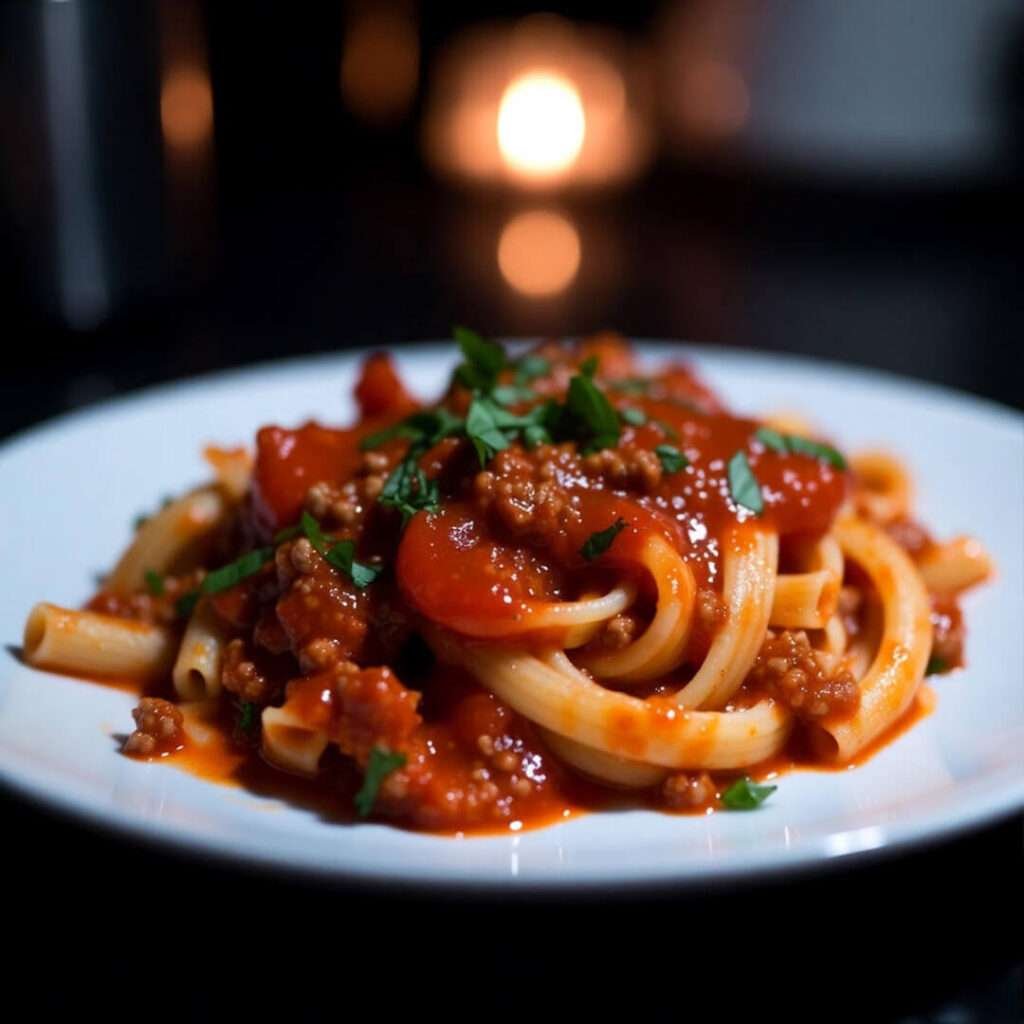 Finished fast Italian meal from scratch, glowing in my tiny kitchen light