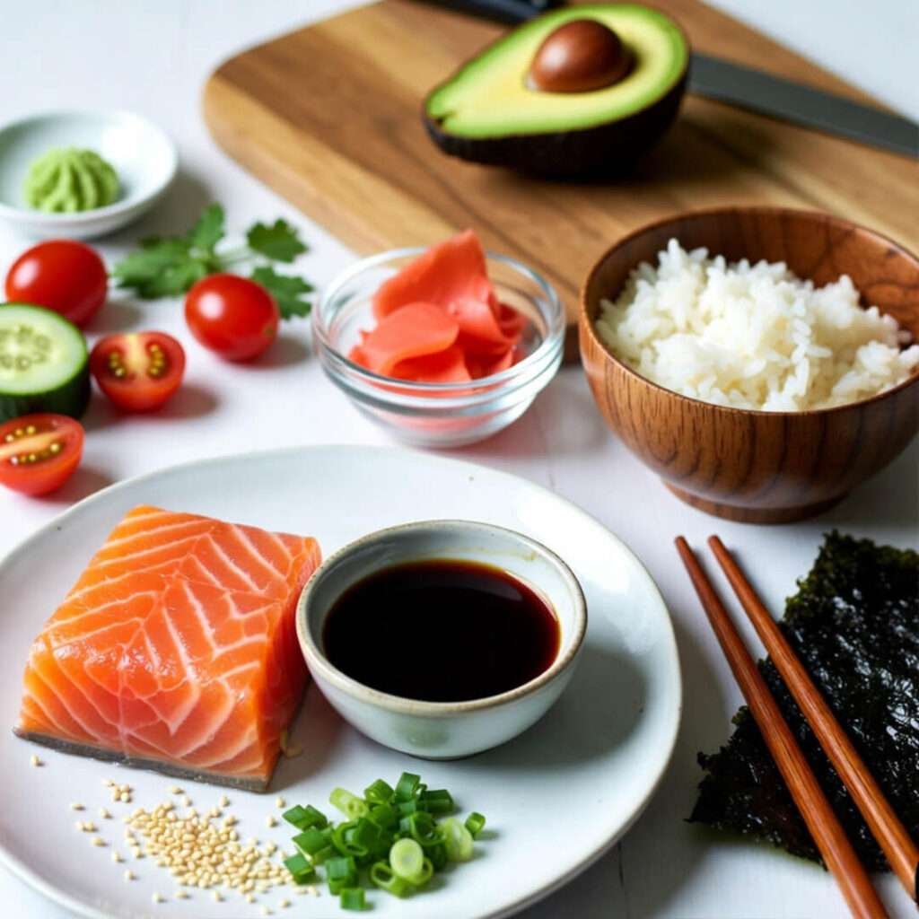 Off-center ingredients for Japanese dish.