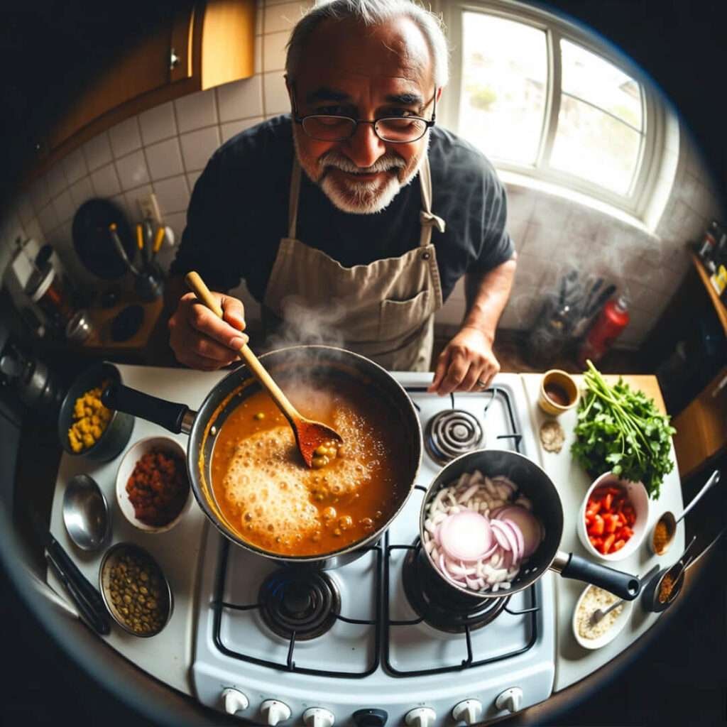 Grinning cook stirs bubbling dal.