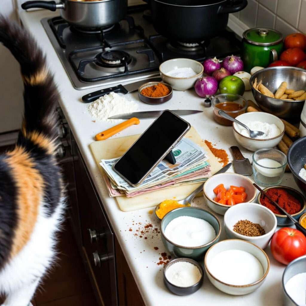Cat-sabotaged pantry raid.