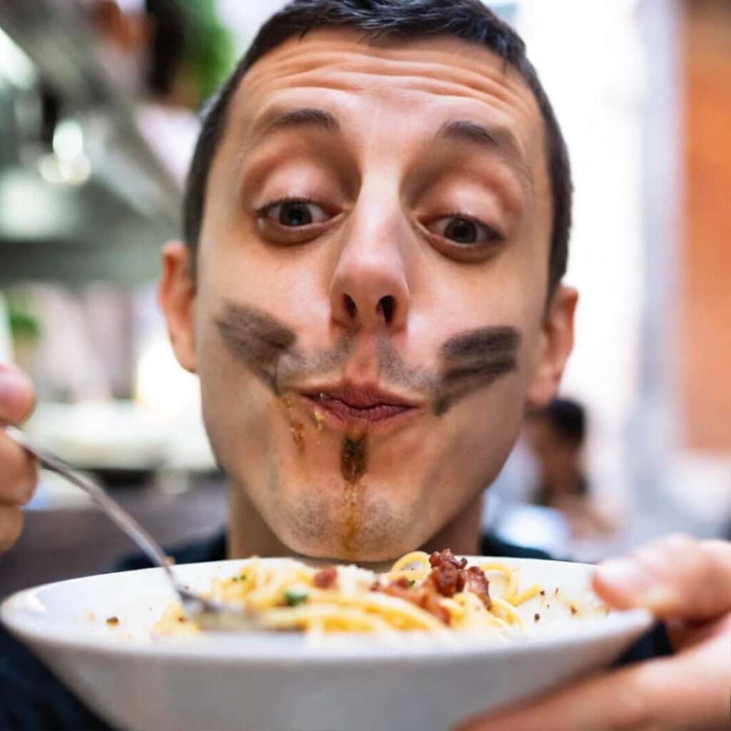 Sauce-faced carbonara selfie.