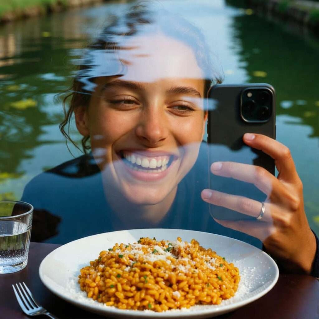 Canal-reflected saffron grin.