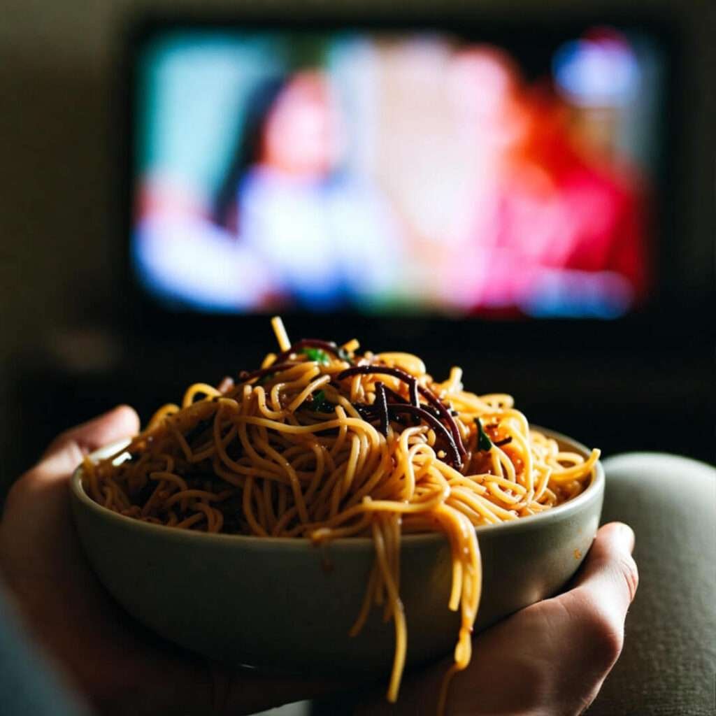 Noodles dangling over lap, TV glow behind.