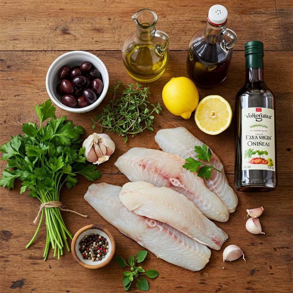 Ingredients laid out on a rustic surface – fish fillets, olives, herbs, garlic, vinegar, oil, lemon.
