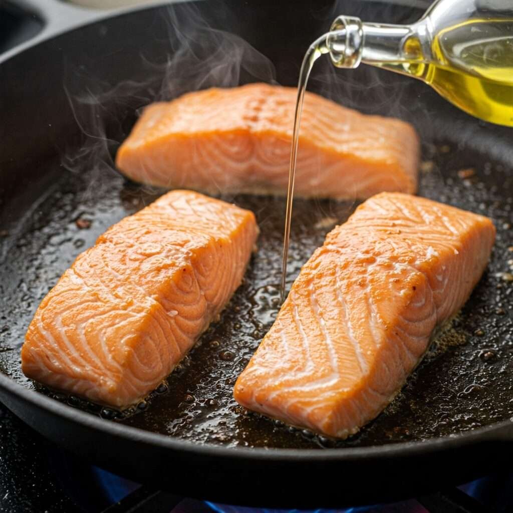 shot of the fish being pan-seared in a hot skillet, showing the golden-brown crust.
