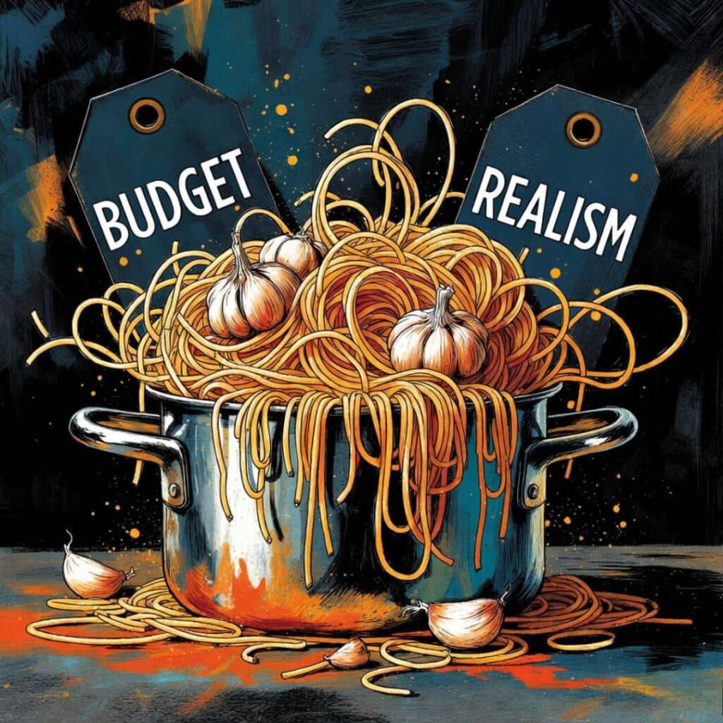 Overflowing garlic spaghetti with budget tags.