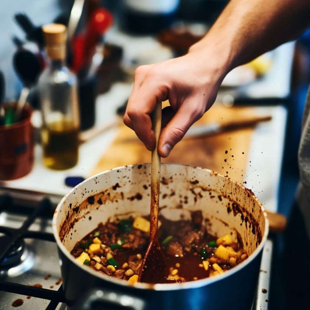 Messy stirring of quick home dish.