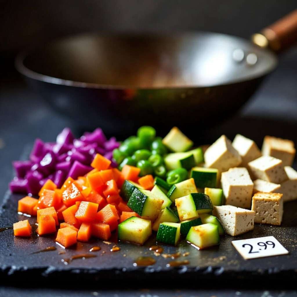 Chopped veggies, tofu, wok, price sticker.