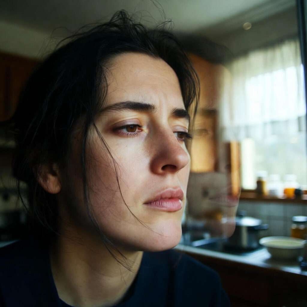 Reflective cooking with tired face glimpse.