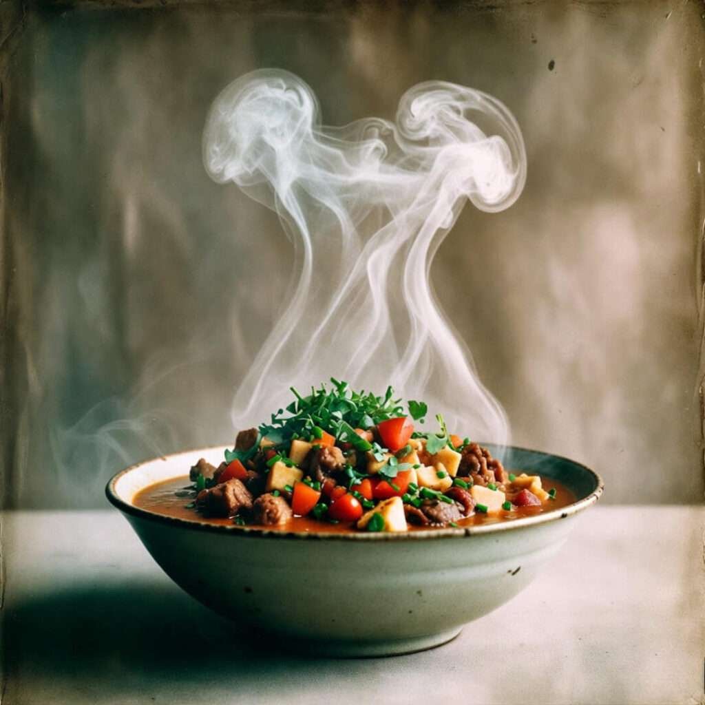 Steaming bowl, heart steam, sepia tones.