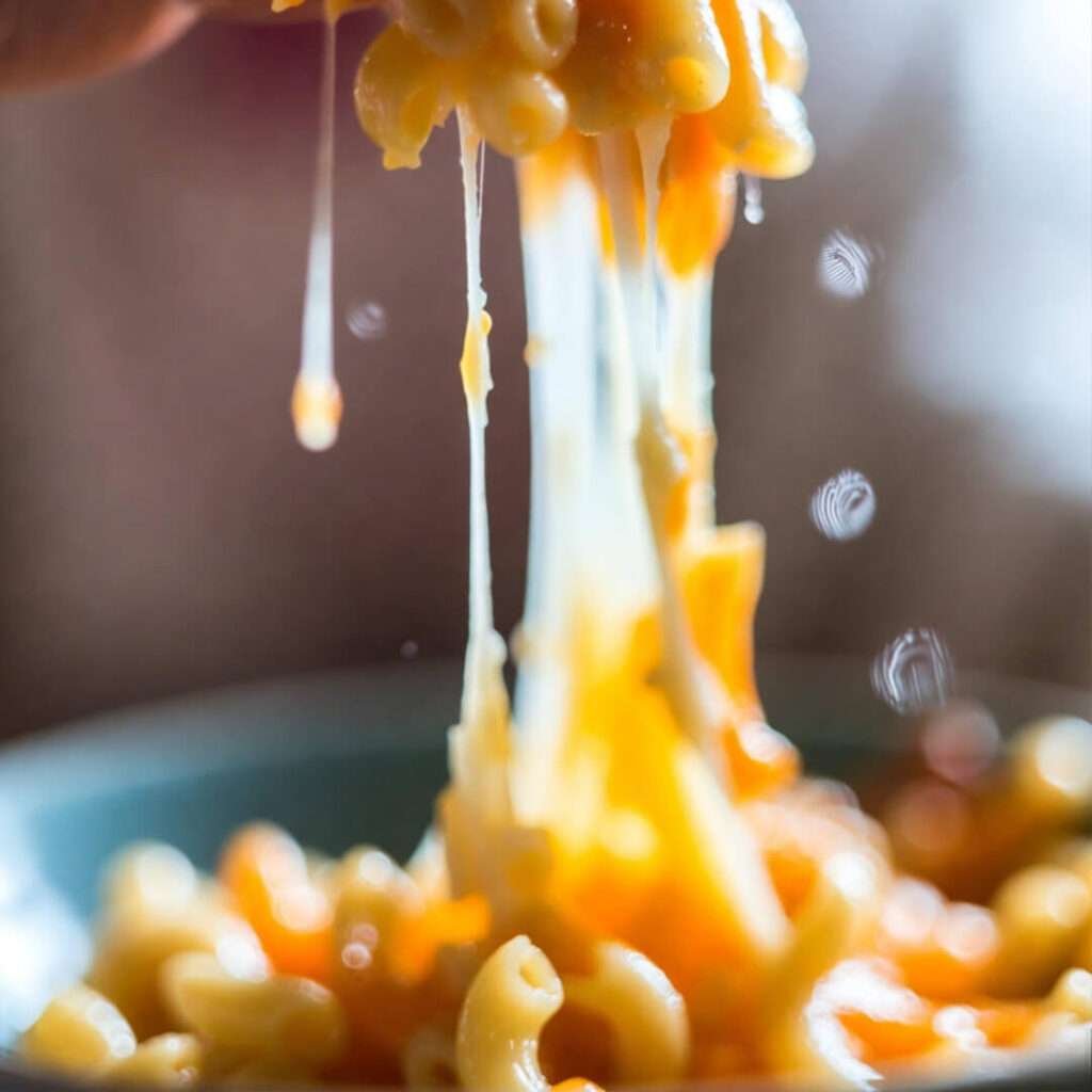 Gooey cheese pull, kid's smudged view.