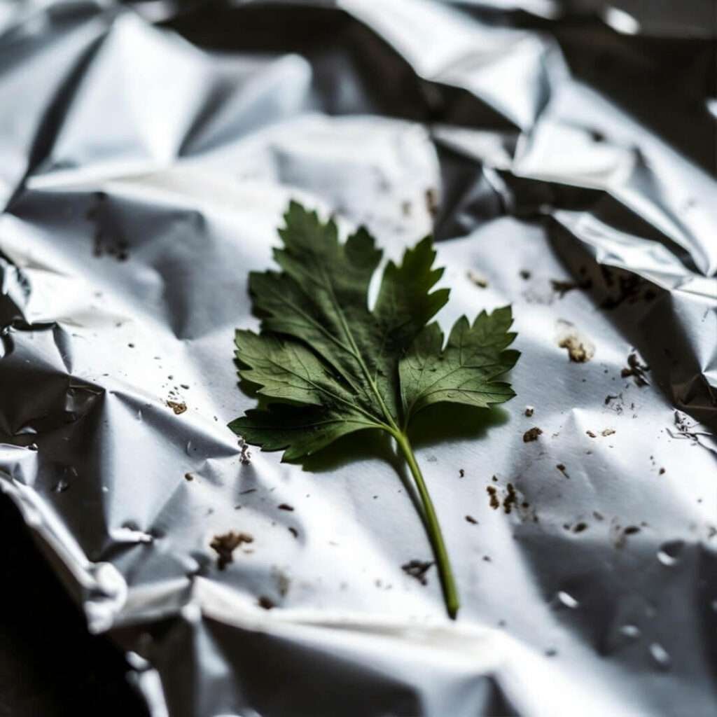 Crinkled foil, wilted parsley, grease spots.