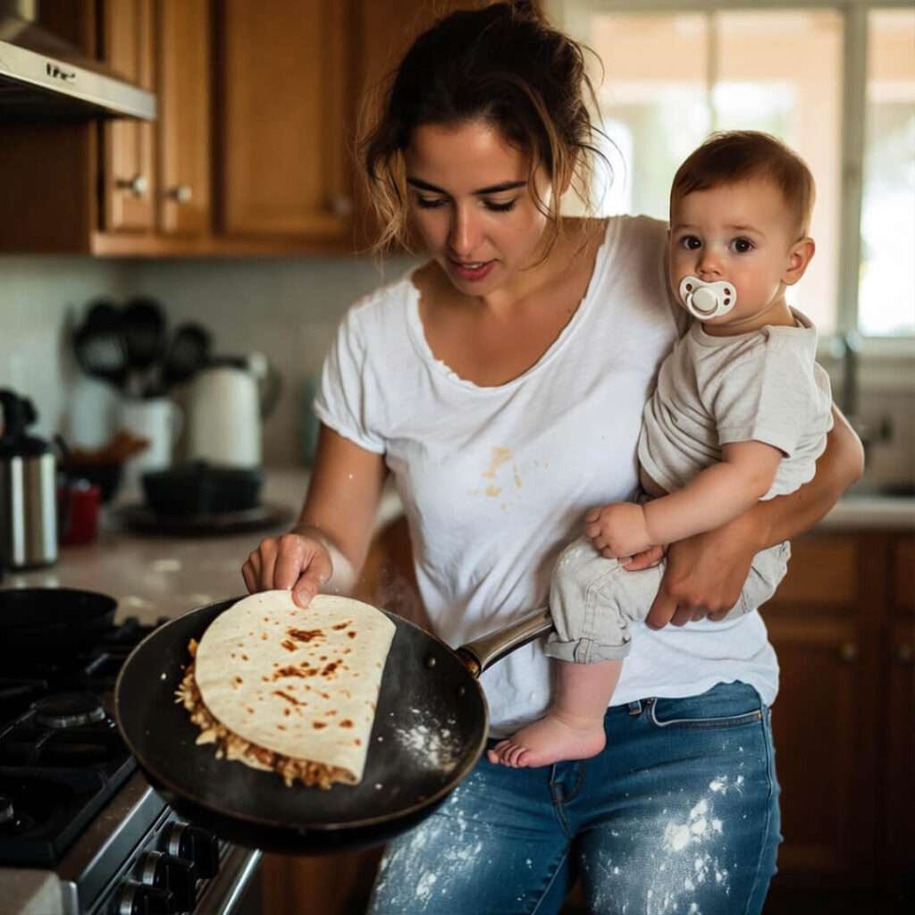 Blurry mom flips quesadilla, toddler on hip.