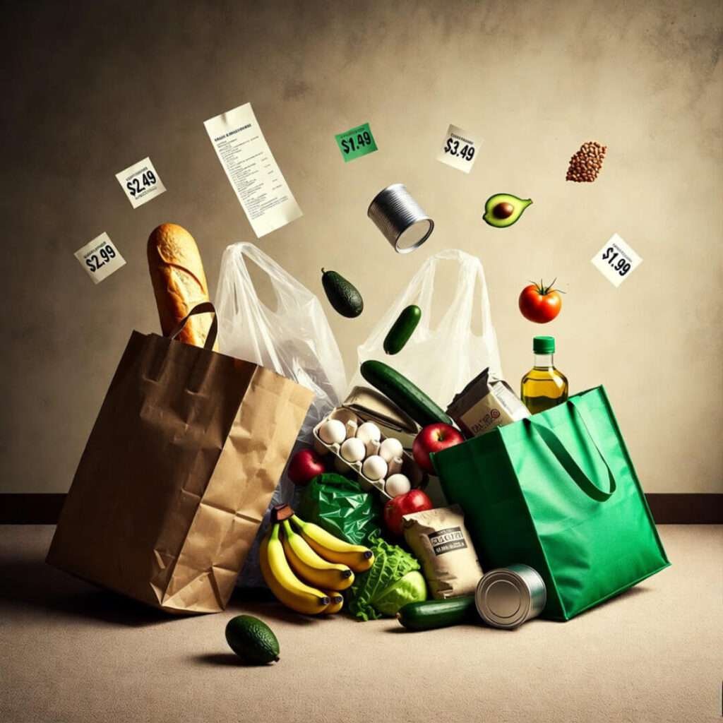 Grocery spill, escaping avocado, vintage prices.