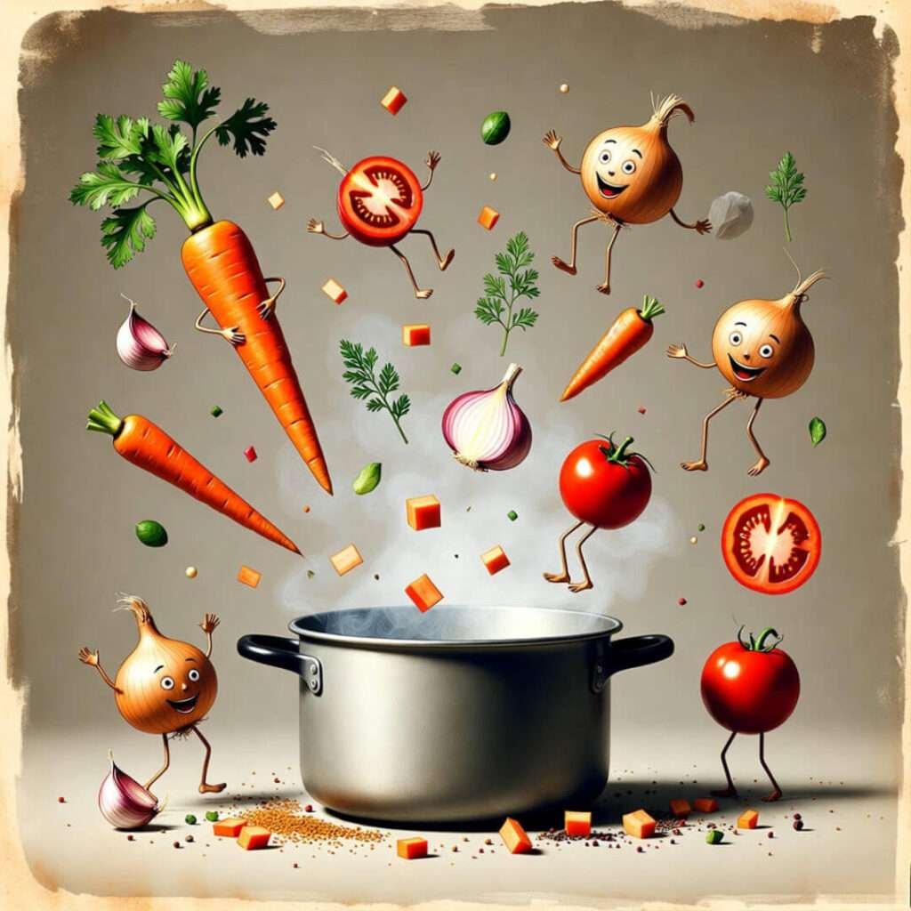 Dancing carrots flee vintage pot chaos.