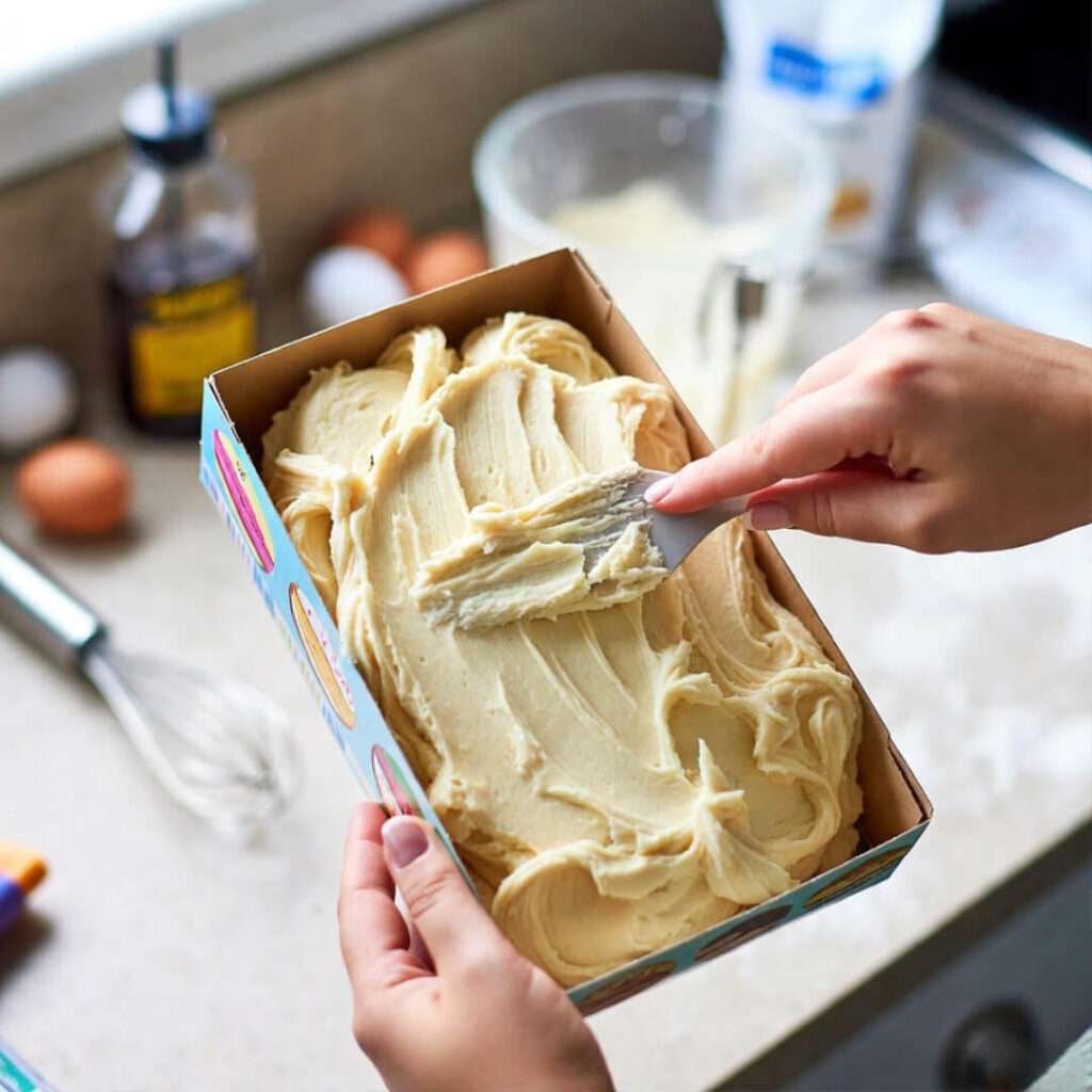 Batter-splattered Betty Crocker box on counter.