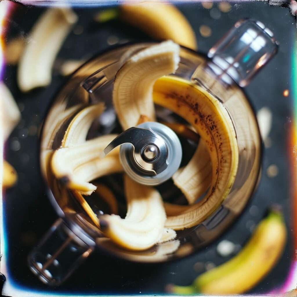 Spinning blender with curled banana peels.
