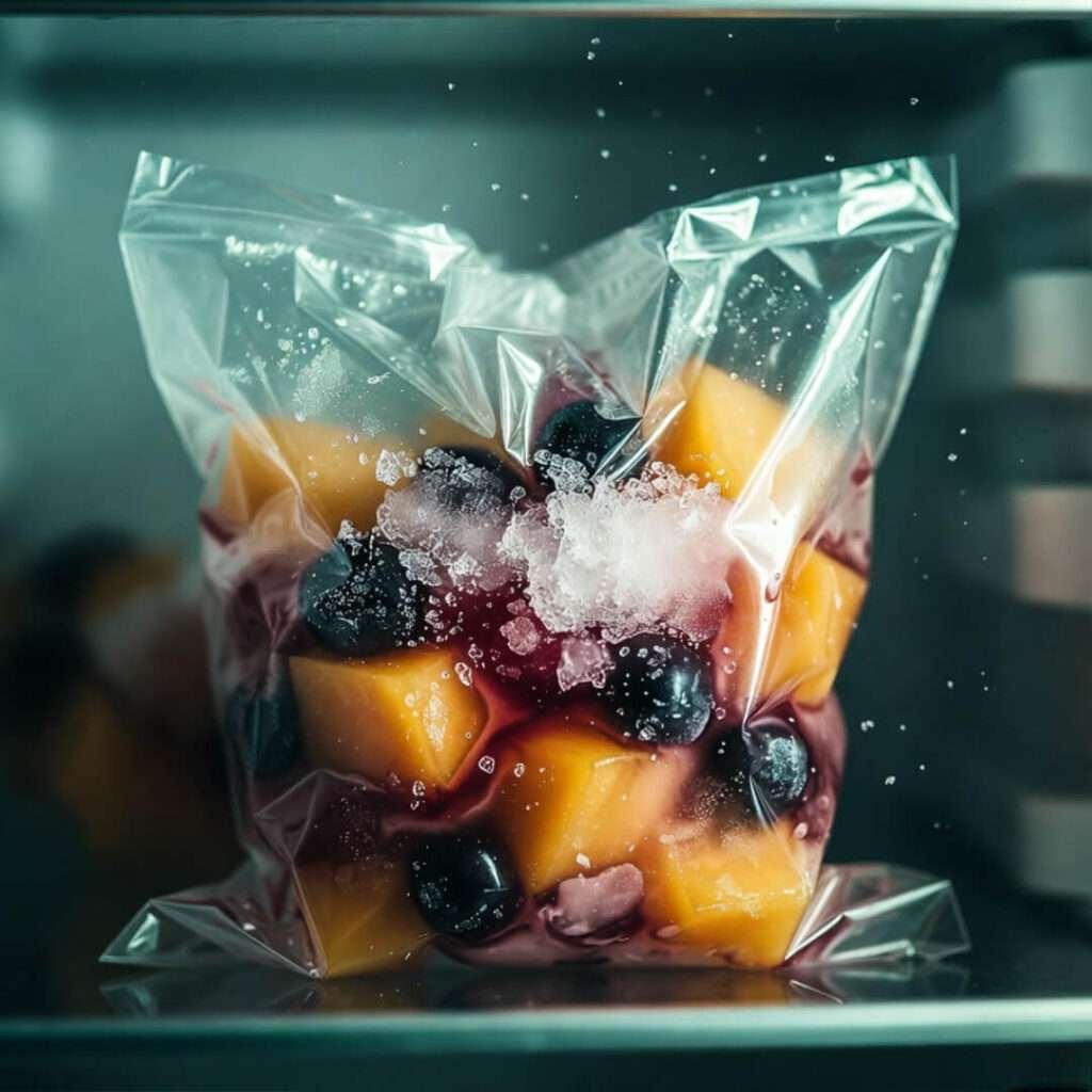 Frosty dented fruit bag in freezer.