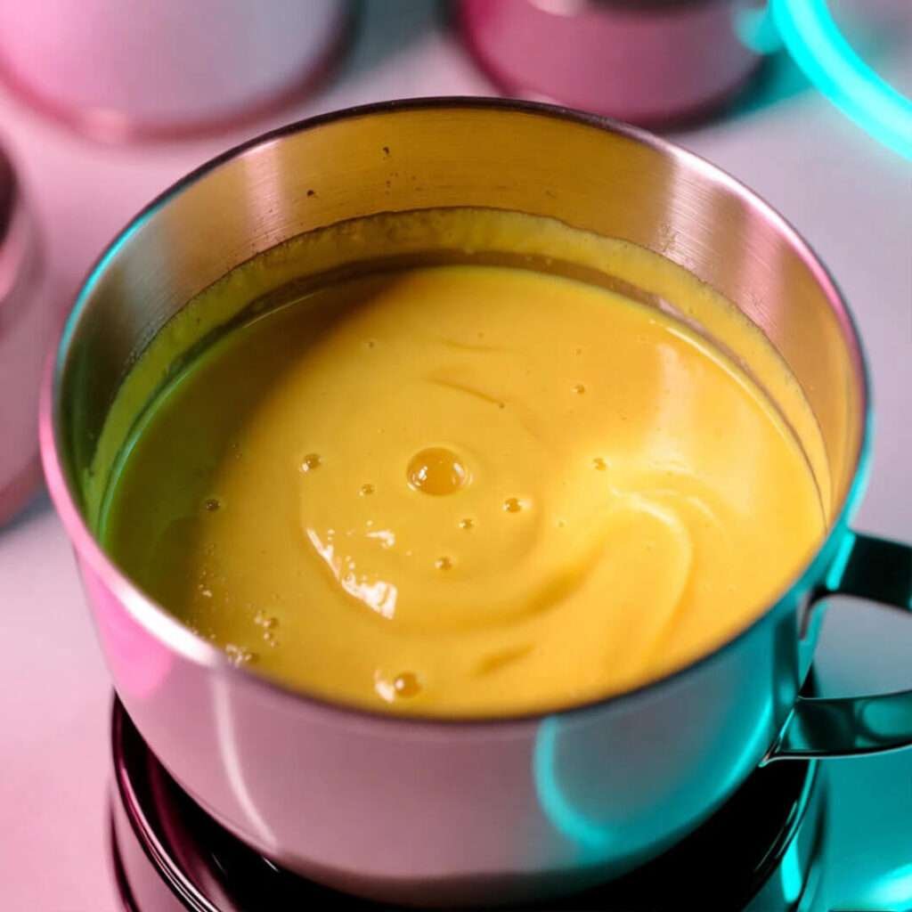 Failed yellow ice cream soup in bowl.