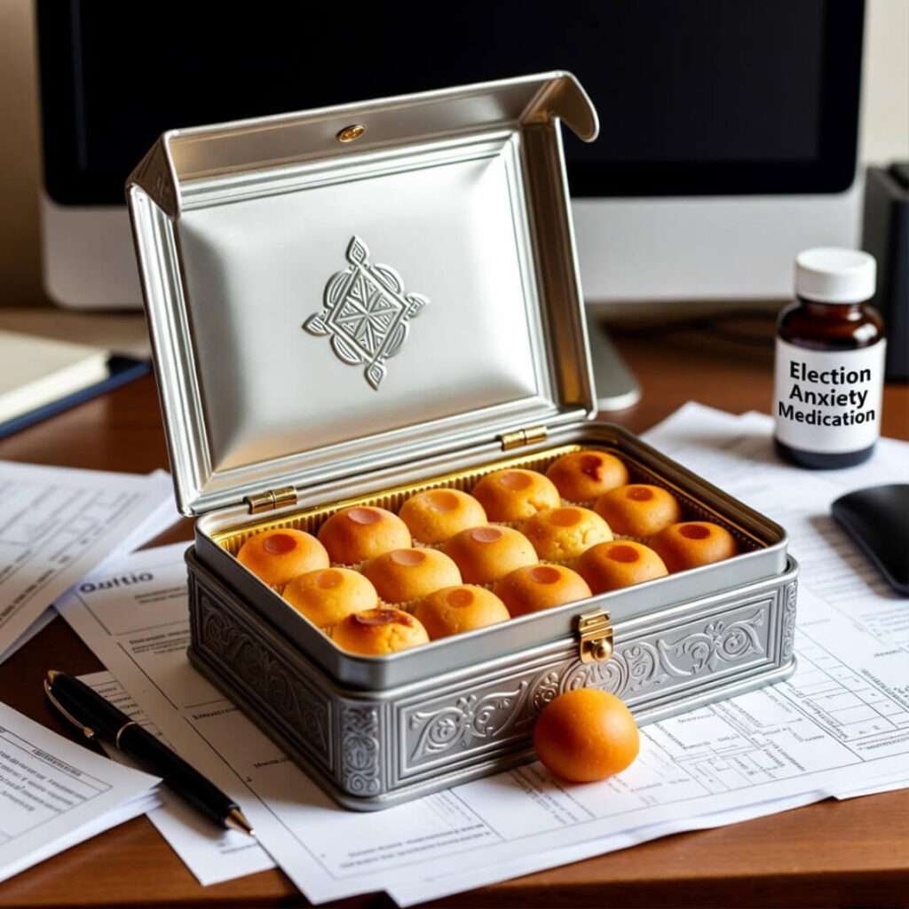 Half-open kaju katli box beside election anxiety meds