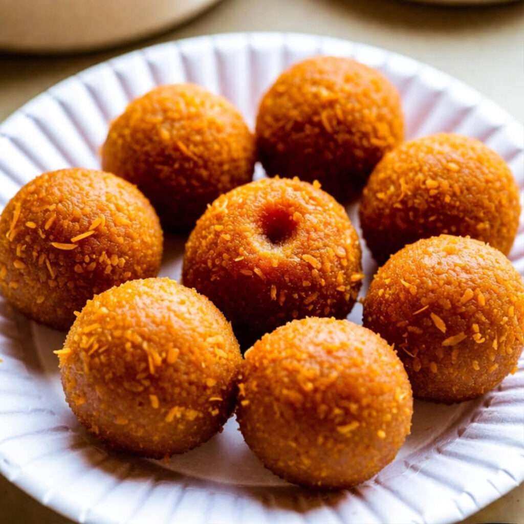 Lopsided coconut ladoos with thumbprint on paper plate