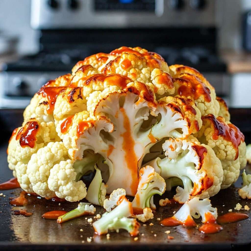 Messy buffalo-sauced cauliflower head ready for roasting