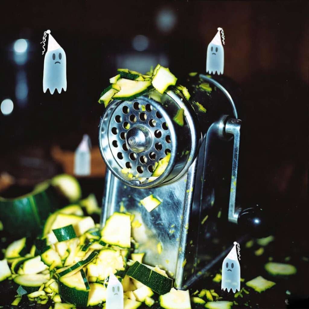 Messy spiralizer drowning in zucchini guts and ghosts.
