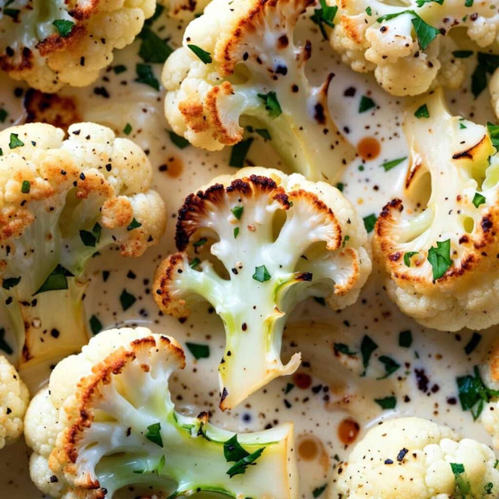 Crispy roasted cauliflower in creamy cheese sauce