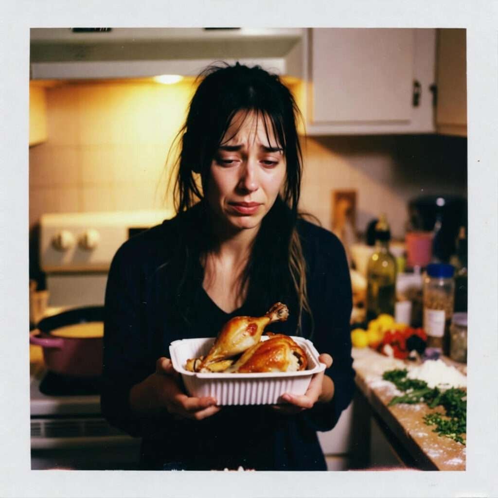 Crying woman clutching cold rotisserie chicken