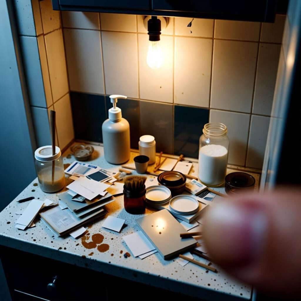 Messy stained counter, thumb in shot, 1am chaos