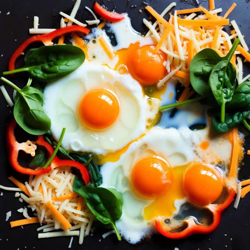 Messy cheesy eggs with wilted spinach chaos