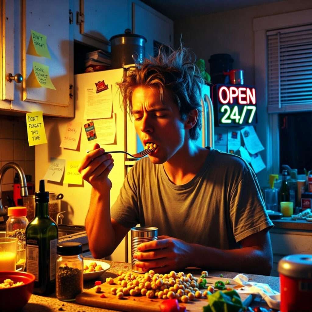 Tired guy eating cold chickpeas from the can