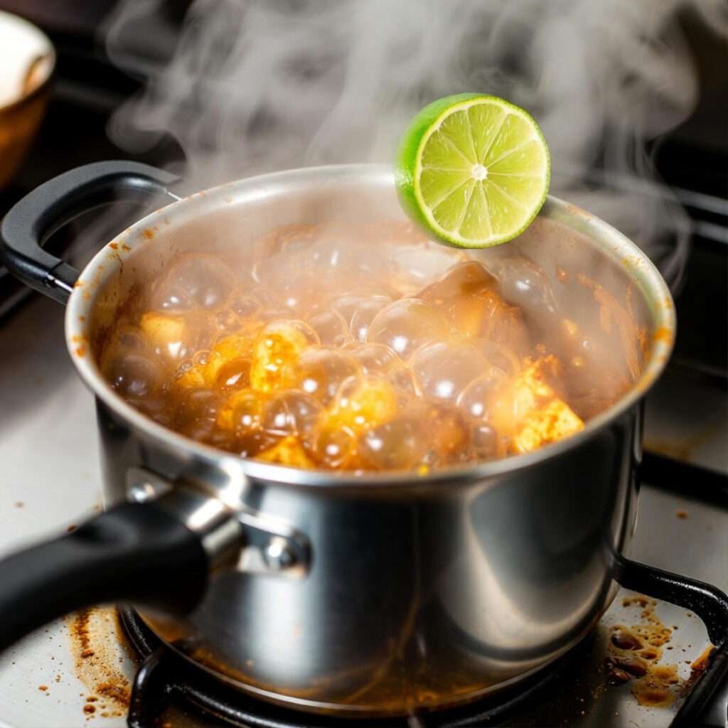 Steamy peanut curry mess with sad lime on stained stove