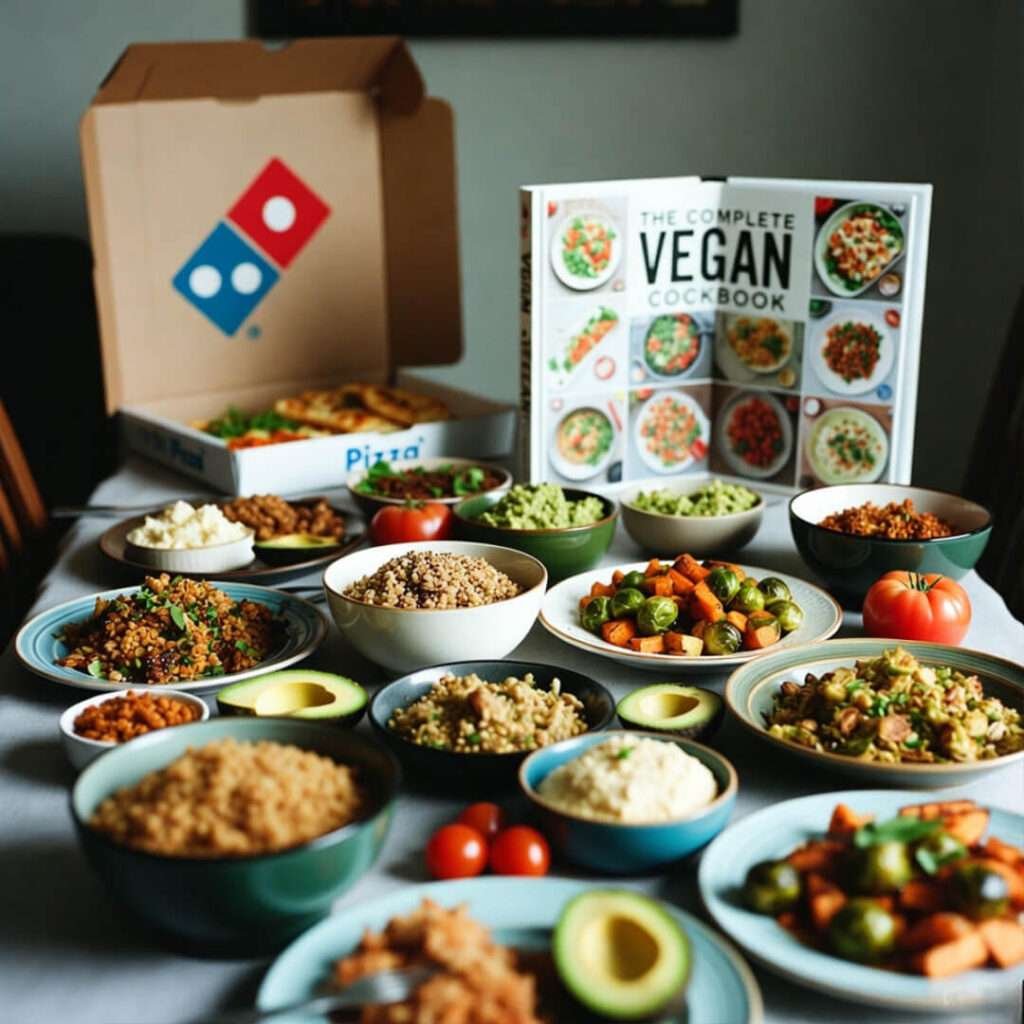 Domino’s box next to messy vegan cookbook and bowls.