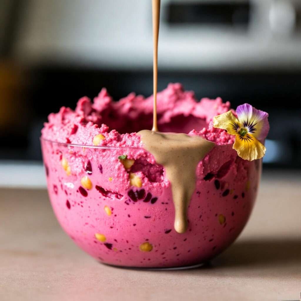 Pink beet hummus with runaway tahini drip.