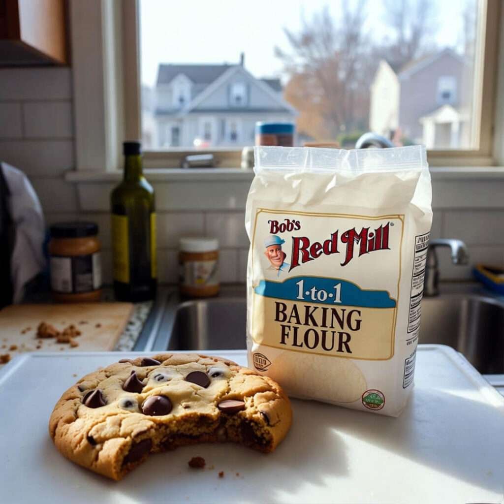 Messy counter with bitten cookie and crumpled flour bag