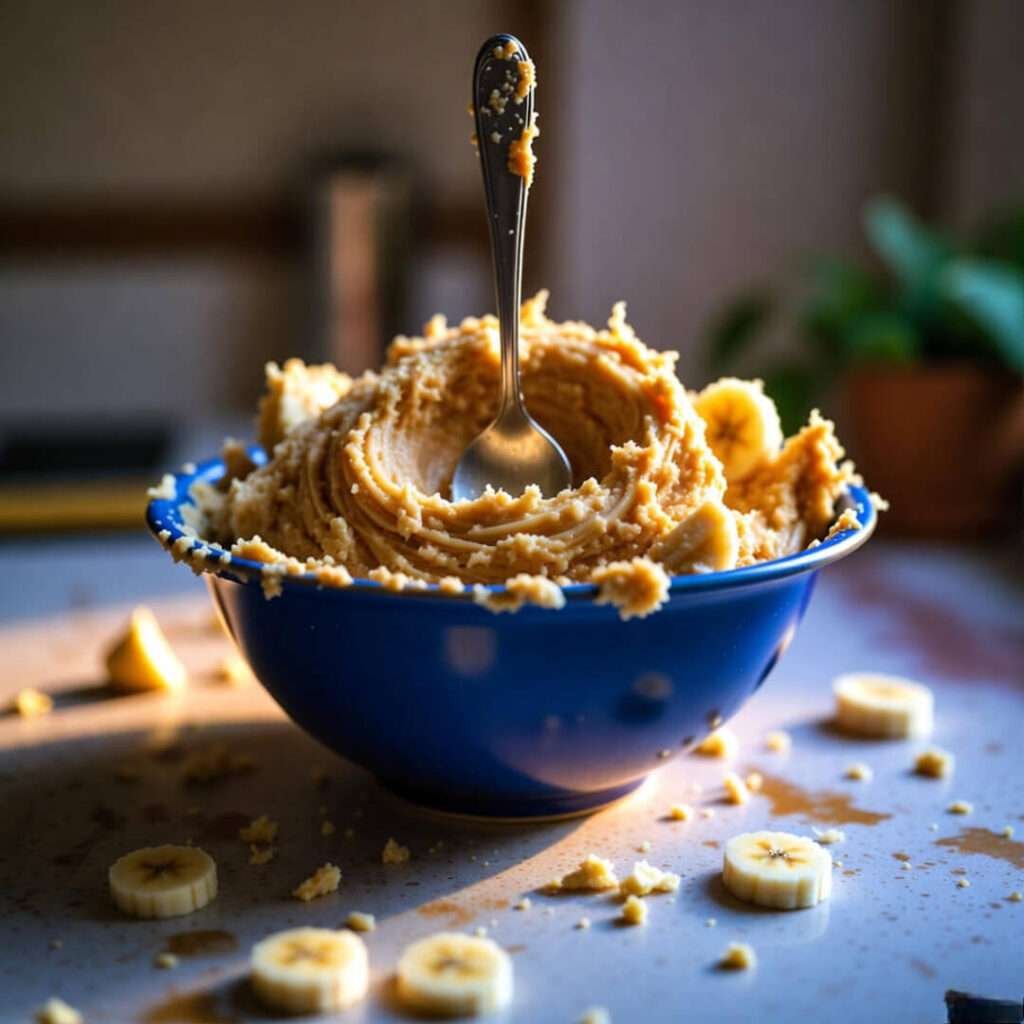 Messy peanut butter banana mash, proud spoon