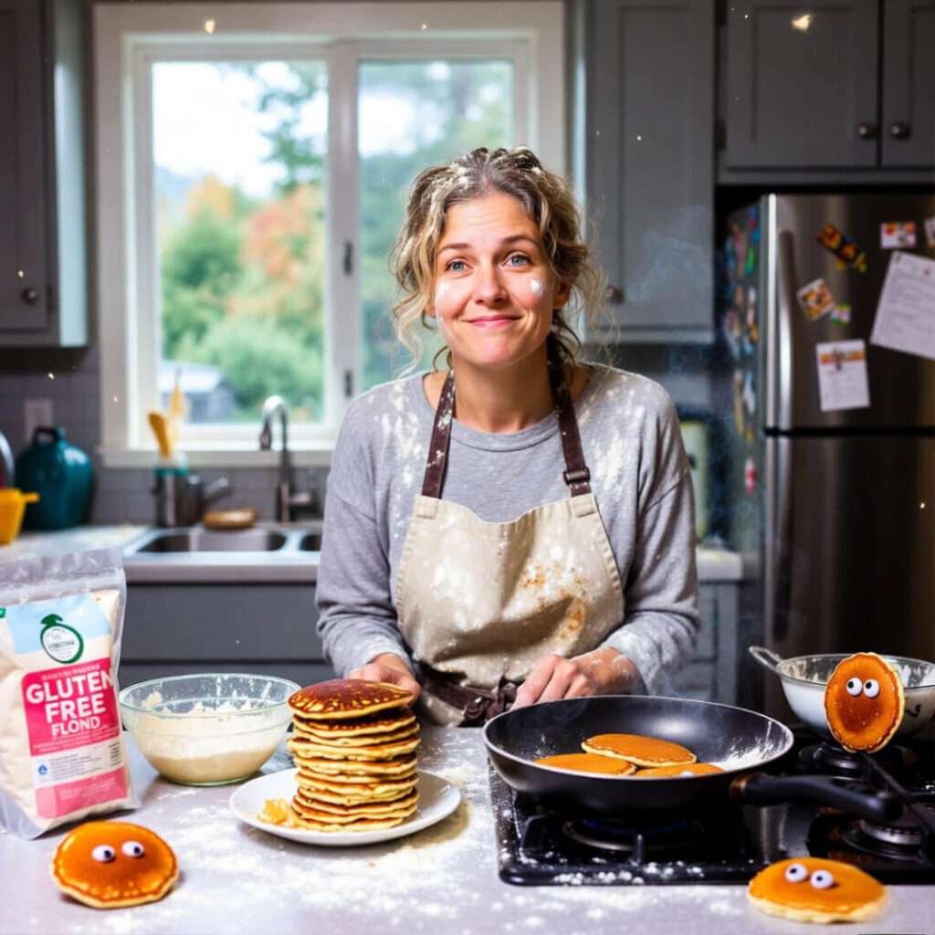 Flour-dusted mom surrounded by chaotic pancake experiment