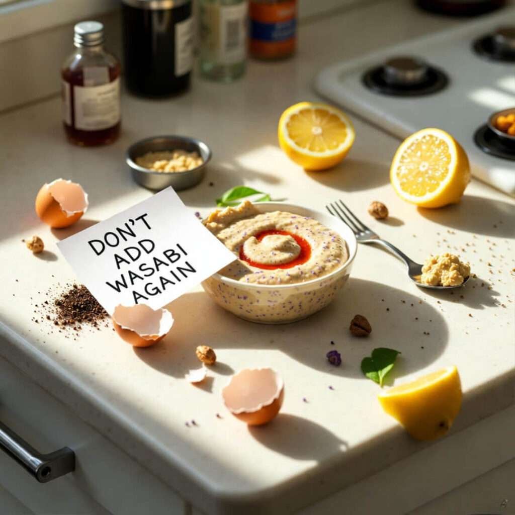 Messy counter: batter, eggs, "DON’T ADD WASABI" note.