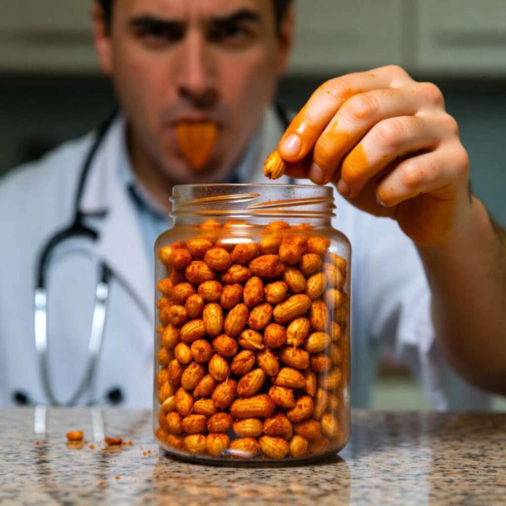 Orange-stained fingers raiding masala peanut jar
