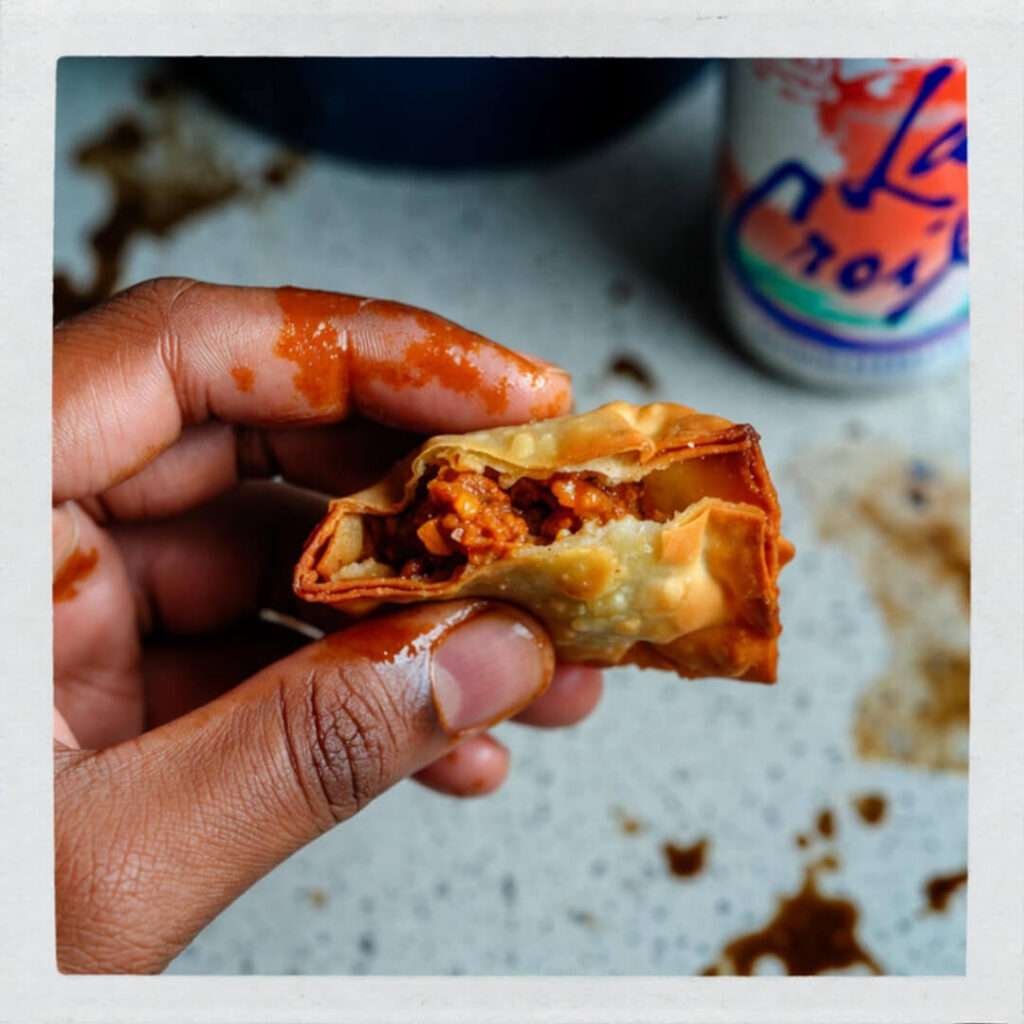 Greasy fingers holding wonky samosa, La Croix background