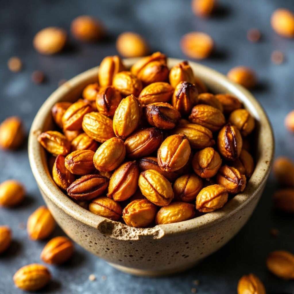 Chipped bowl overflowing with burnt-edge masala peanuts.